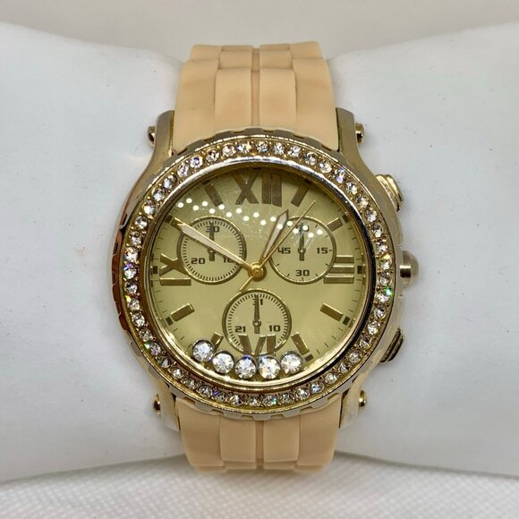 Women quartz watch floating crystals dial 40mm round analog silicone running - Picture 1 of 6